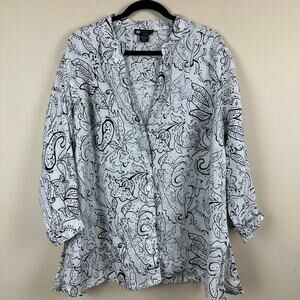 Carole Little Tunic Top Womens 3X Black White Paisley Linen Artsy Ink Lagenlook